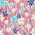 Seamless vector repeat daisy floral print with abstract red stripe background pattern.