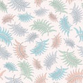 Seamless vector repeat pattern of pastel tropical leaves leaves. Tropical foliage surface pattern design background. Royalty Free Stock Photo