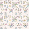 Seamless vector retro decorative pink hand drawn pattern with geometrical motifs, flowers, leaves. Graphic vintage design. Print Royalty Free Stock Photo