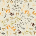 Seamless vector rock drawing. Cave painting with ethnic peoplen