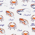 seamless vector Seafood pattern on gentle gray backdrop. hand drawn engraved seafood background. vintage sea animals texture with Royalty Free Stock Photo