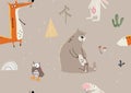 Seamless vector seasonal pattern with funny animals in the forest.