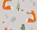 Seamless vector seasonal pattern with funny foxes in the forest.