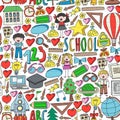 Seamless vector set of Back to School icons in doodle style. Painted, colorful, pictures on a piece of paper on white Royalty Free Stock Photo