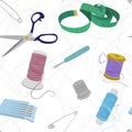 Seamless vector sewing pattern with paper patterns and sewing tools