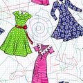 Seamless vector sewing pattern with paper patterns and sketches of vintage dresses