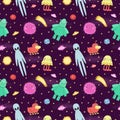 Seamless vector space pattern with cute and funny cartoon aliens and monsters. Royalty Free Stock Photo