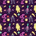 Seamless vector space pattern with funny cartoon aliens and monsters. Royalty Free Stock Photo