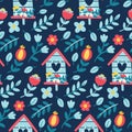 Seamless cute vector spring floral pattern with bird house, flowers, plants, branches, berries, leaves, nature