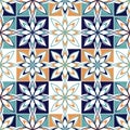 Seamless vector tile pattern. Colorful lisbon, mediterranean floral ornament pattern. Square flower mosaic. Arabic