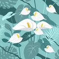 Seamless vector trend texture pattern of tropical flowers and leaves. Anthurium, monstera in the jungle. Blooming garden Royalty Free Stock Photo