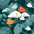 Seamless vector trend texture pattern of tropical flowers and leaves. Anthurium, monstera in the jungle. Blooming garden