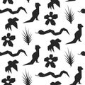 Seamless vector tropical pattern. Black silhouettes of wildlife elements background. For fabric, textile, cover, wrapping, web