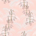 Seamless vector tropical pattern with light palm leaves and tropical lilies flowers on peach background. Royalty Free Stock Photo