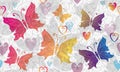 Seamless vector valentine pattern with colorful translucent butterflies and hearts