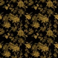 Seamless vector vintage pattern with Victorian bouquet of black flowers on a black background.