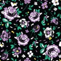 Seamless vector vintage rose pattern with purple, green, yellow flowers with a black background.