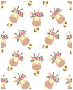 Seamless vector wallpaper for babies. Pattern with giraffes in flower wreaths, isolated on white background. Cute