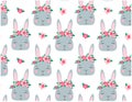 Seamless vector wallpaper for babys. Pattern with rabbits in flower wreaths,isolated on white background. Cute cartoon Royalty Free Stock Photo
