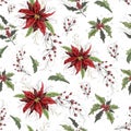 Seamless vector wallpaper with a pattern of holly branches, poinsettia, water drops. the hand-drawn sketch is made in a minimalist Royalty Free Stock Photo