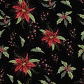 Seamless vector wallpaper with a pattern of holly branches, poinsettia, water drops. the hand-drawn sketch is made in a minimalist Royalty Free Stock Photo