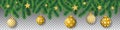 Seamless vector coniferous tree branches with needle leaves, stars and hanging christmas bulbs on transparent background