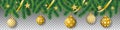 Seamless vector coniferous tree branches with needle leaves, stars, ribbons and hanging christmas bulbs on transparent background