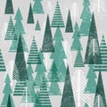 Seamless vector winter forest pattern. Christmas background. Green trees in clouds. Grunge texture graphic simple Royalty Free Stock Photo