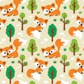 Seamless vector woodland pattern with foxes, trees, plans and leaves