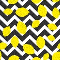 Seamless vector yellow lemons on black and white striped zigzag pattern. 10 eps chaotic citrus and lemon background Royalty Free Stock Photo