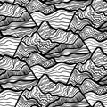 Seamless vectori pattern of swirls of waves, peaks of mountains. Black and white hand drawn ornament