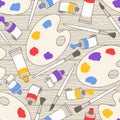 Seamless vectorial pattern of tubes with paints, palettes and paint brushes scattered on wooden boards