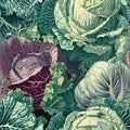 Seamless vegetable background with green and red cabbage, AI generative illustration Royalty Free Stock Photo
