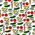 Seamless vegetable pattern. Vector illustration including olives, cucumbers, tomatoes, peas, carrots