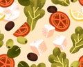 Seamless vegetable salad pattern. Fresh lettuce, olive, tomato and feta. Mediterranean cuisine, endless background