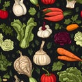 Seamless vegetable stalks and intricate details.Carrots, garlic, turnips and more by Generative AI