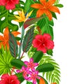 Seamless vertical border with tropical plants, leaves and flowers. Royalty Free Stock Photo