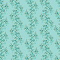 Seamless vertical floral vector pattern. Blooming branches on teal background. Yellow buds ornament for wedding