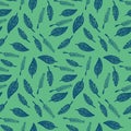 Seamless vetor botanical pattern with blue leaves on a jade green background