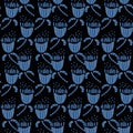 Seamless vetor pattern with grid ofblue floral shapes on a black background