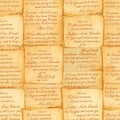 Seamless vintage background pattern featuring antique parchment paper sheets covered in dense, faded handwritten script text from Royalty Free Stock Photo