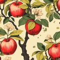 Seamless Vintage Botanical Pattern of Red Apples on a Tree Royalty Free Stock Photo