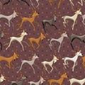 Seamless vintage dark brown pattern with galloping deers.