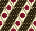 Seamless vintage diagonal pattern with gold chain, beads, crimson roses.