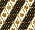 Seamless vintage diagonal pattern with one dollar coins, chain, beads.