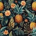 seamless vintage exotic tropical pattern with pineapples on black background