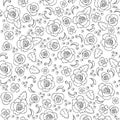 Seamless vintage floral pattern with black line roses on white background