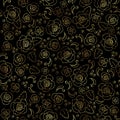 Seamless vintage floral pattern with golden line roses on black background