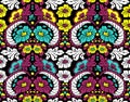 Seamless vintage floral pattern with leaves on a black background. Yellow, turquoise, deeppink flowers with white leaves.