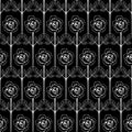 Seamless vintage floral pattern with white line roses on black background